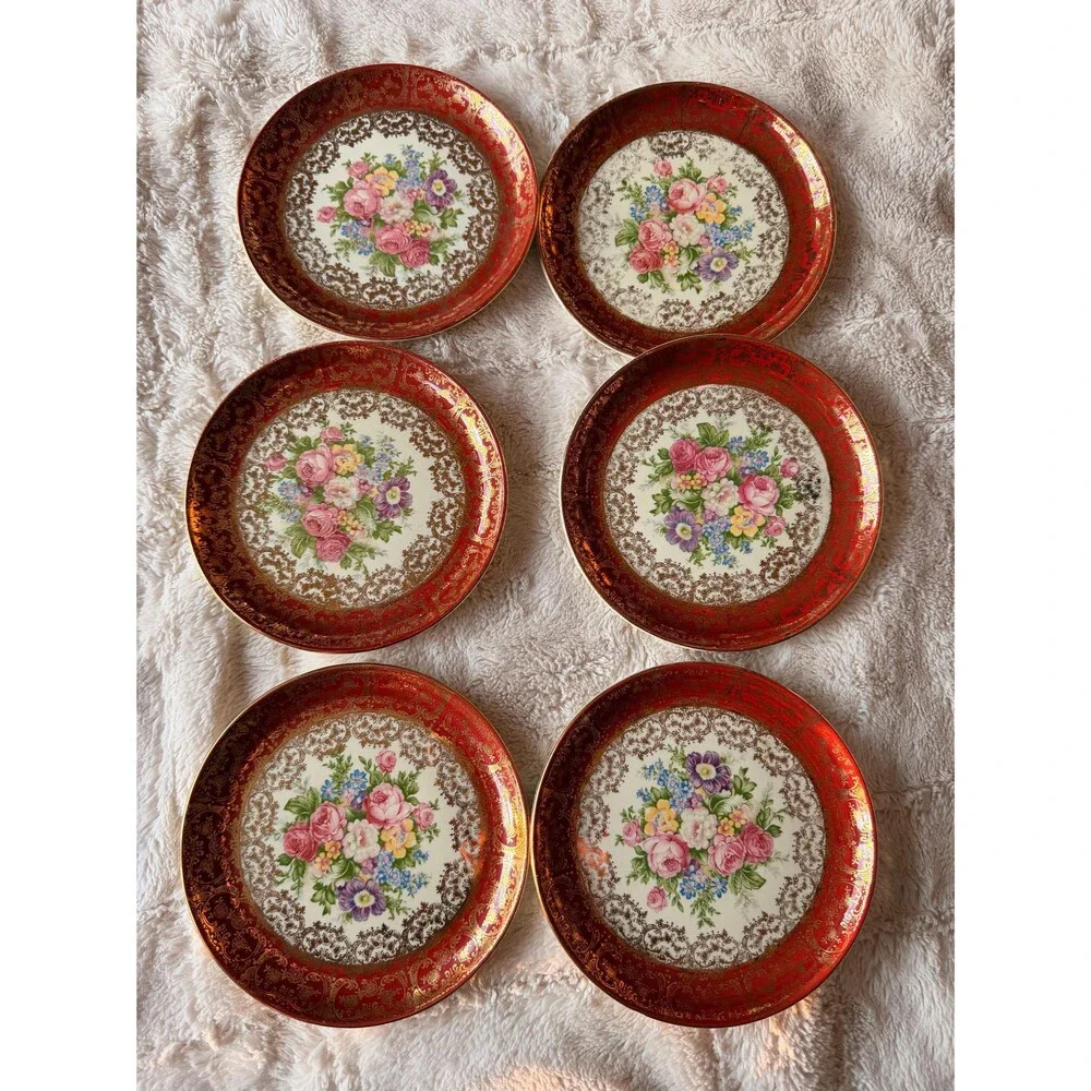 Vintage Floral Dessert Plates with Gold Detail Romantic Tableware set of 6 - Picture 6 of 9